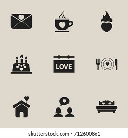 Set Of 9 Editable Heart Icons. Includes Symbols Such As Mattress, Banner, Plate And More. Can Be Used For Web, Mobile, UI And Infographic Design.