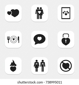 Set Of 9 Editable Heart Icons. Includes Symbols Such As Couple, Prohibit, Married And More. Can Be Used For Web, Mobile, UI And Infographic Design.