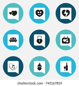 Set Of 9 Editable Heart Icons. Includes Symbols Such As Happy, Signboard, Mattress And More. Can Be Used For Web, Mobile, UI And Infographic Design.