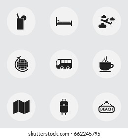 Set Of 9 Editable Holiday Icons. Includes Symbols Such As Bag, Breakfast, Globe Trip And More. Can Be Used For Web, Mobile, UI And Infographic Design.