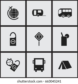 Set Of 9 Editable Holiday Icons. Includes Symbols Such As Caravan, Tent, Lemonade And More. Can Be Used For Web, Mobile, UI And Infographic Design.