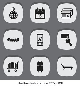 Set Of 9 Editable Holiday Icons. Includes Symbols Such As Sunbathing, Date Block, Plastic Money And More. Can Be Used For Web, Mobile, UI And Infographic Design.