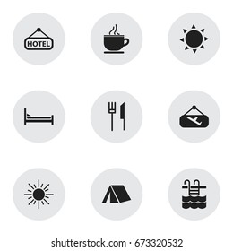 Set Of 9 Editable Holiday Icons. Includes Symbols Such As Sun, Tent, Solar And More. Can Be Used For Web, Mobile, UI And Infographic Design.