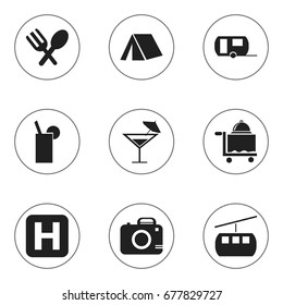 Set Of 9 Editable Holiday Icons. Includes Symbols Such As Room Service, Helipad, Caravan And More. Can Be Used For Web, Mobile, UI And Infographic Design.