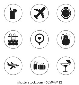 Set Of 9 Editable Holiday Icons. Includes Symbols Such As Location, Airplane, Suitcases And More. Can Be Used For Web, Mobile, UI And Infographic Design.