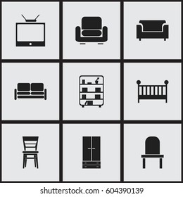 Set Of 9 Editable Home Icons. Includes Symbols Such As Recliner, Cabinet, Television And More. Can Be Used For Web, Mobile, UI And Infographic Design.