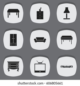 Set Of 9 Editable Home Icons. Includes Symbols Such As Cabinet, Commode, Canape And More. Can Be Used For Web, Mobile, UI And Infographic Design.