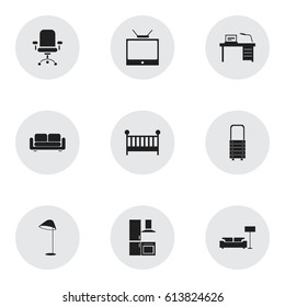 Set Of 9 Editable Home Icons. Includes Symbols Such As Davenport, Child Cot, Interior And More. Can Be Used For Web, Mobile, UI And Infographic Design.