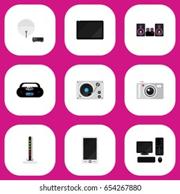 Set Of 9 Editable Home Icons. Includes Symbols Such As Modem, Turntable, Camera And More. Can Be Used For Web, Mobile, UI And Infographic Design.