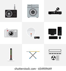 Set Of 9 Editable Home Icons. Includes Symbols Such As Ventilation, Tuner, Cloth Iron And More. Can Be Used For Web, Mobile, UI And Infographic Design.