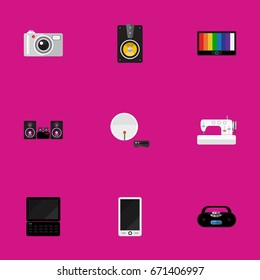 Set Of 9 Editable Home Icons. Includes Symbols Such As Screen, Sewing Machine, Stereo System And More. Can Be Used For Web, Mobile, UI And Infographic Design.