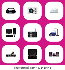 Set Of 9 Editable Home Icons. Includes Symbols Such As Appliance, Sweeper, Stereo System And More. Can Be Used For Web, Mobile, UI And Infographic Design.