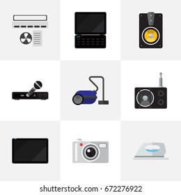 Set Of 9 Editable Home Icons. Includes Symbols Such As Microphone, Notebook, Appliance And More. Can Be Used For Web, Mobile, UI And Infographic Design.