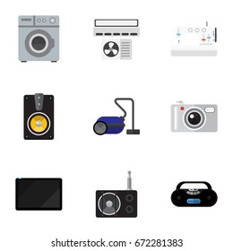 Set Of 9 Editable Home Icons. Includes Symbols Such As Laundromat, Cassette Player, Megaphone And More. Can Be Used For Web, Mobile, UI And Infographic Design.