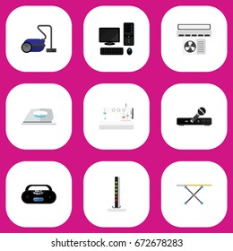 Set Of 9 Editable Home Icons. Includes Symbols Such As Cassette Player, Modem, Ventilation And More. Can Be Used For Web, Mobile, UI And Infographic Design.