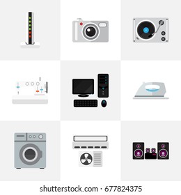 Set Of 9 Editable Home Icons. Includes Symbols Such As Sewing Machine, Appliance, Turntable And More. Can Be Used For Web, Mobile, UI And Infographic Design.
