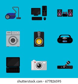 Set Of 9 Editable Home Icons. Includes Symbols Such As Microphone, Stereo System, Laundromat And More. Can Be Used For Web, Mobile, UI And Infographic Design.