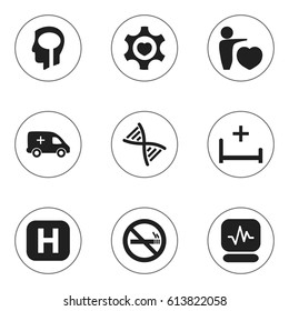Set Of 9 Editable Hospital Icons. Includes Symbols Such As Clinic, Pulse, Heart And More. Can Be Used For Web, Mobile, UI And Infographic Design.