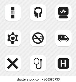 Set Of 9 Editable Hospital Icons. Includes Symbols Such As Clinic, Stop Smoke, Intelligence And More. Can Be Used For Web, Mobile, UI And Infographic Design.