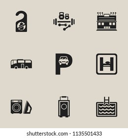 Set of 9 editable hotel icons. Includes symbols such as building, airport shuttle, pool and more. Can be used for web, mobile, UI and infographic design.