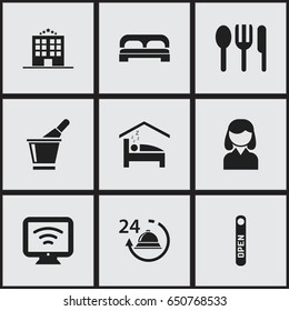 Set Of 9 Editable Hotel Icons. Includes Symbols Such As Restaurant, Bed, Open Sign And More. Can Be Used For Web, Mobile, UI And Infographic Design.