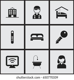Set Of 9 Editable Hotel Icons. Includes Symbols Such As Door Closed, Employee, Unblock Access And More. Can Be Used For Web, Mobile, UI And Infographic Design.
