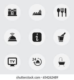 Set Of 9 Editable Hotel Icons. Includes Symbols Such As Information Sign, Building, Monitor And More. Can Be Used For Web, Mobile, UI And Infographic Design.