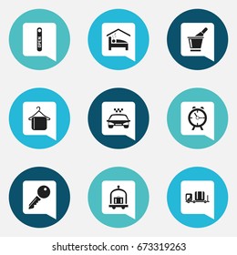 Set Of 9 Editable Hotel Icons. Includes Symbols Such As Hanger, Luggage, Champagne And More. Can Be Used For Web, Mobile, UI And Infographic Design.