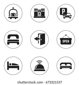 Set Of 9 Editable Hotel Icons. Includes Symbols Such As Outlet, Sleeping, Auto Stand. Can Be Used For Web, Mobile, UI And Infographic Design.