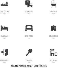 Set Of 9 Editable Hotel Icons. Includes Symbols Such As Auto Stand, Building, Shower. Can Be Used For Web, Mobile, UI And Infographic Design.