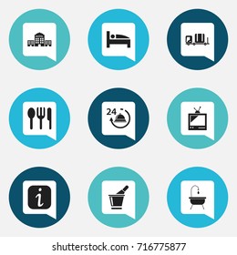 Set Of 9 Editable Hotel Icons. Includes Symbols Such As Restaurant, Reception, Champagne And More. Can Be Used For Web, Mobile, UI And Infographic Design.