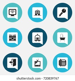 Set Of 9 Editable Hotel Icons. Includes Symbols Such As Phone, Outlet, Residence And More. Can Be Used For Web, Mobile, UI And Infographic Design.