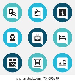 Set Of 9 Editable Hotel Icons. Includes Symbols Such As Bearings, Tv, Mattress And More. Can Be Used For Web, Mobile, UI And Infographic Design.