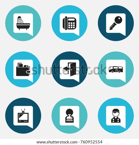 Set Of 9 Editable Hotel Icons. Includes Symbols Such As Employee, Transportation, Concierge And More. Can Be Used For Web, Mobile, UI And Infographic Design.