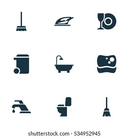 Set Of 9 Editable Hygiene Icons. Includes Symbols Such As Plate, Washing Tool, Broomstick And More. Can Be Used For Web, Mobile, UI And Infographic Design.