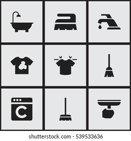 Set Of 9 Editable Hygiene Icons. Includes Symbols Such As Laundress, Unclean Blouse, Sweep And More. Can Be Used For Web, Mobile, UI And Infographic Design.