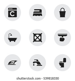 Set Of 9 Editable Hygiene Icons. Includes Symbols Such As No Laundry, Pail, Restroom And More. Can Be Used For Web, Mobile, UI And Infographic Design.