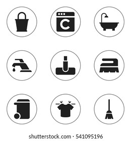 Set Of 9 Editable Hygiene Icons. Includes Symbols Such As Laundress, Clean T-Shirt, Hoover And More. Can Be Used For Web, Mobile, UI And Infographic Design.