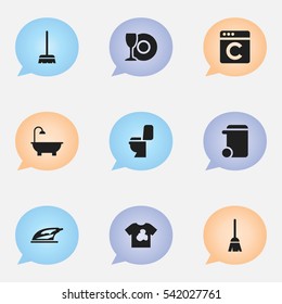Set Of 9 Editable Hygiene Icons. Includes Symbols Such As Unclean Blouse, Plate, Whisk And More. Can Be Used For Web, Mobile, UI And Infographic Design.