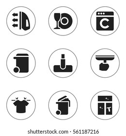 Set Of 9 Editable Hygiene Icons. Includes Symbols Such As Clean T-Shirt, Washing Glass, Plate And More. Can Be Used For Web, Mobile, UI And Infographic Design.