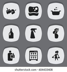 Set Of 9 Editable Hygiene Icons. Includes Symbols Such As Washing Tool, Tub, Brooming And More. Can Be Used For Web, Mobile, UI And Infographic Design.