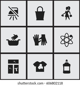 Set Of 9 Editable Hygiene Icons. Includes Symbols Such As Washing Glass, Housework, Unclean Blouse And More. Can Be Used For Web, Mobile, UI And Infographic Design.