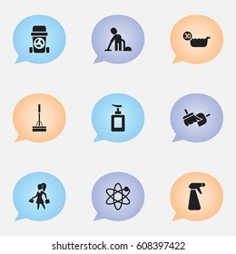 Set Of 9 Editable Hygiene Icons. Includes Symbols Such As Mopping, Power, Hand Sanitizer. Can Be Used For Web, Mobile, UI And Infographic Design.