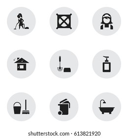 Set Of 9 Editable Hygiene Icons. Includes Symbols Such As Pure Home, Wc Cleaning, No Laundry And More. Can Be Used For Web, Mobile, UI And Infographic Design.