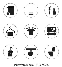 Set Of 9 Editable Hygiene Icons. Includes Symbols Such As Washing Tool, Clean T-Shirt, Cleanser And More. Can Be Used For Web, Mobile, UI And Infographic Design.