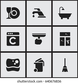 Set Of 9 Editable Hygiene Icons. Includes Symbols Such As Container, Washing Tool, Brush And More. Can Be Used For Web, Mobile, UI And Infographic Design.
