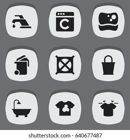 Set Of 9 Editable Hygiene Icons. Includes Symbols Such As Clean T-Shirt, Container, Faucet And More. Can Be Used For Web, Mobile, UI And Infographic Design.