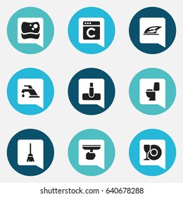 Set Of 9 Editable Hygiene Icons. Includes Symbols Such As Appliance, Restroom, Washing Tool And More. Can Be Used For Web, Mobile, UI And Infographic Design.