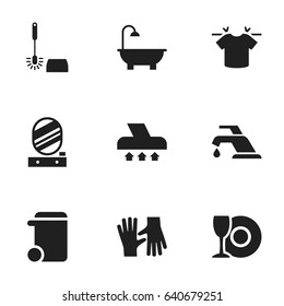 Set Of 9 Editable Hygiene Icons. Includes Symbols Such As Dustbin, Wc Cleaning, Clean T-Shirt And More. Can Be Used For Web, Mobile, UI And Infographic Design.