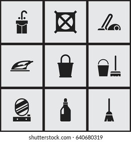 Set Of 9 Editable Hygiene Icons. Includes Symbols Such As Broomstick, Appliance, Vacuum Cleaner And More. Can Be Used For Web, Mobile, UI And Infographic Design.